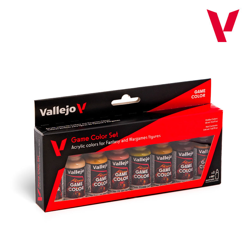 Vallejo Game Color Skin Tones Set (72.187) featuring eight 18ml bottles for fantasy figure painting.