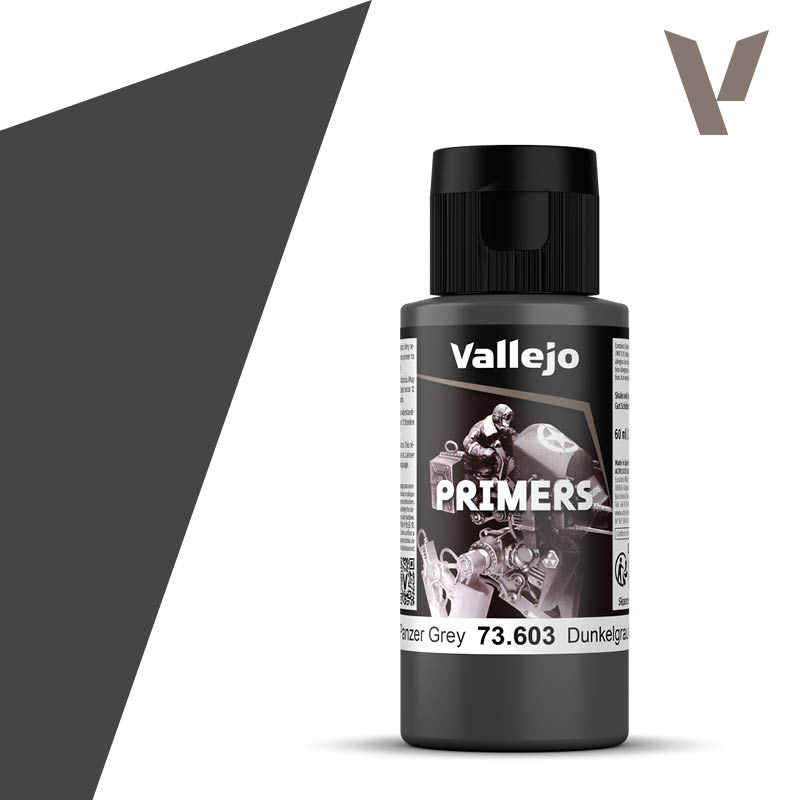 60ml bottle of Vallejo Surface Primer German Panzer Grey (70.603) for airbrush and brush application on scale models.