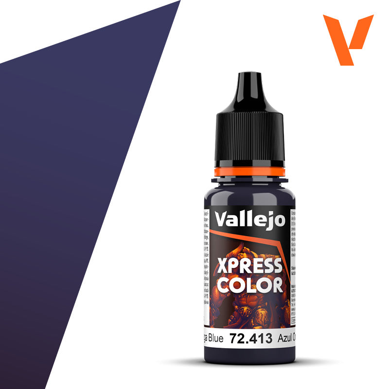 18ml bottle of Vallejo Xpress Color Omega Blue (72.413) showing excellent capillarity for high-contrast miniature painting.