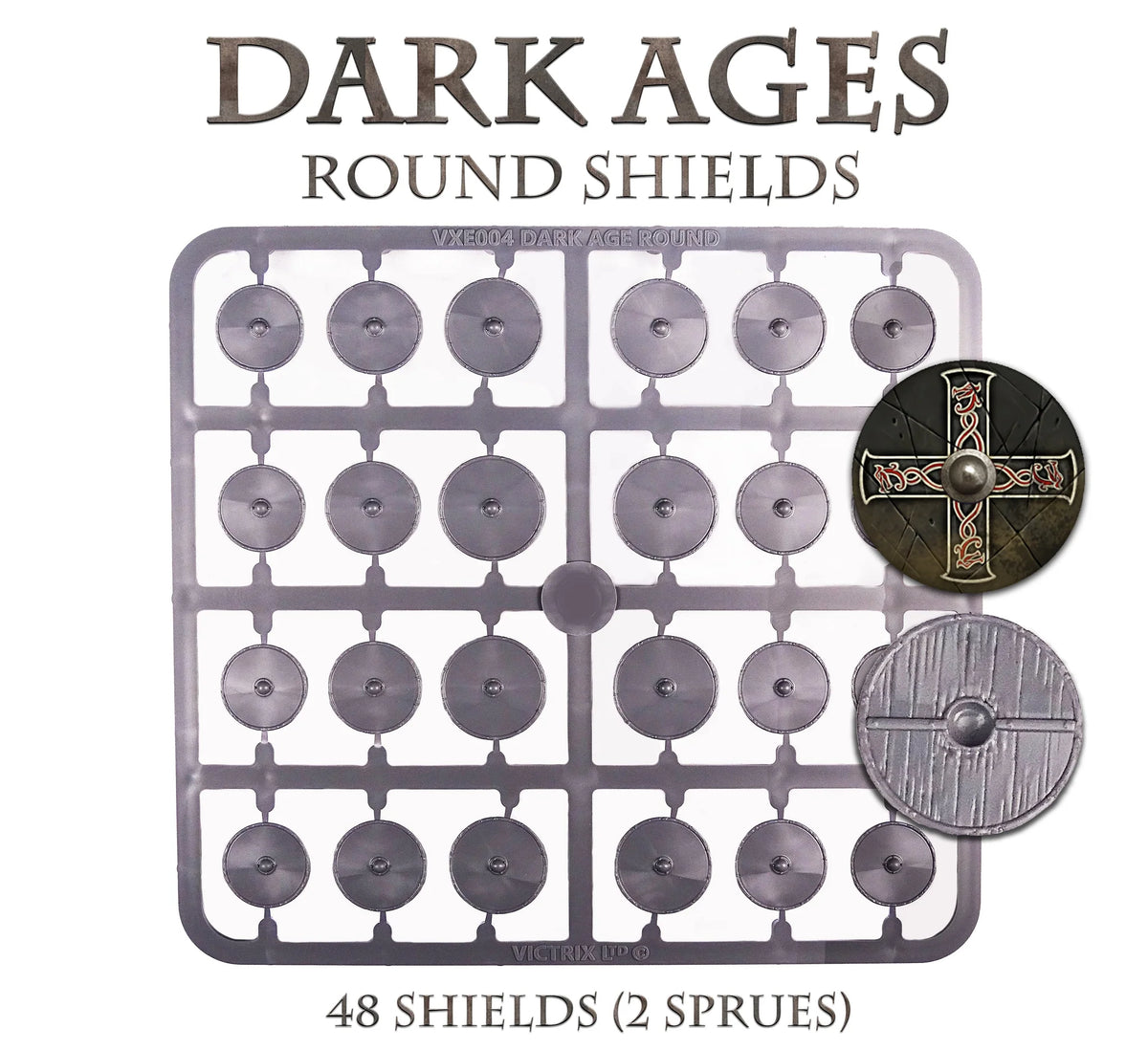 Victrix Limited 28mm Dark Age Round Shields plastic sprue with wood grain and transfer display
