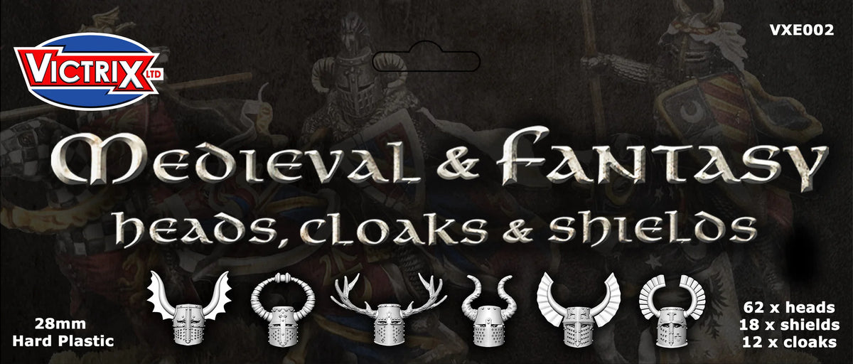 Victrix Limited 28mm Medieval and Fantasy Heads Cloaks and Shields retail header card art