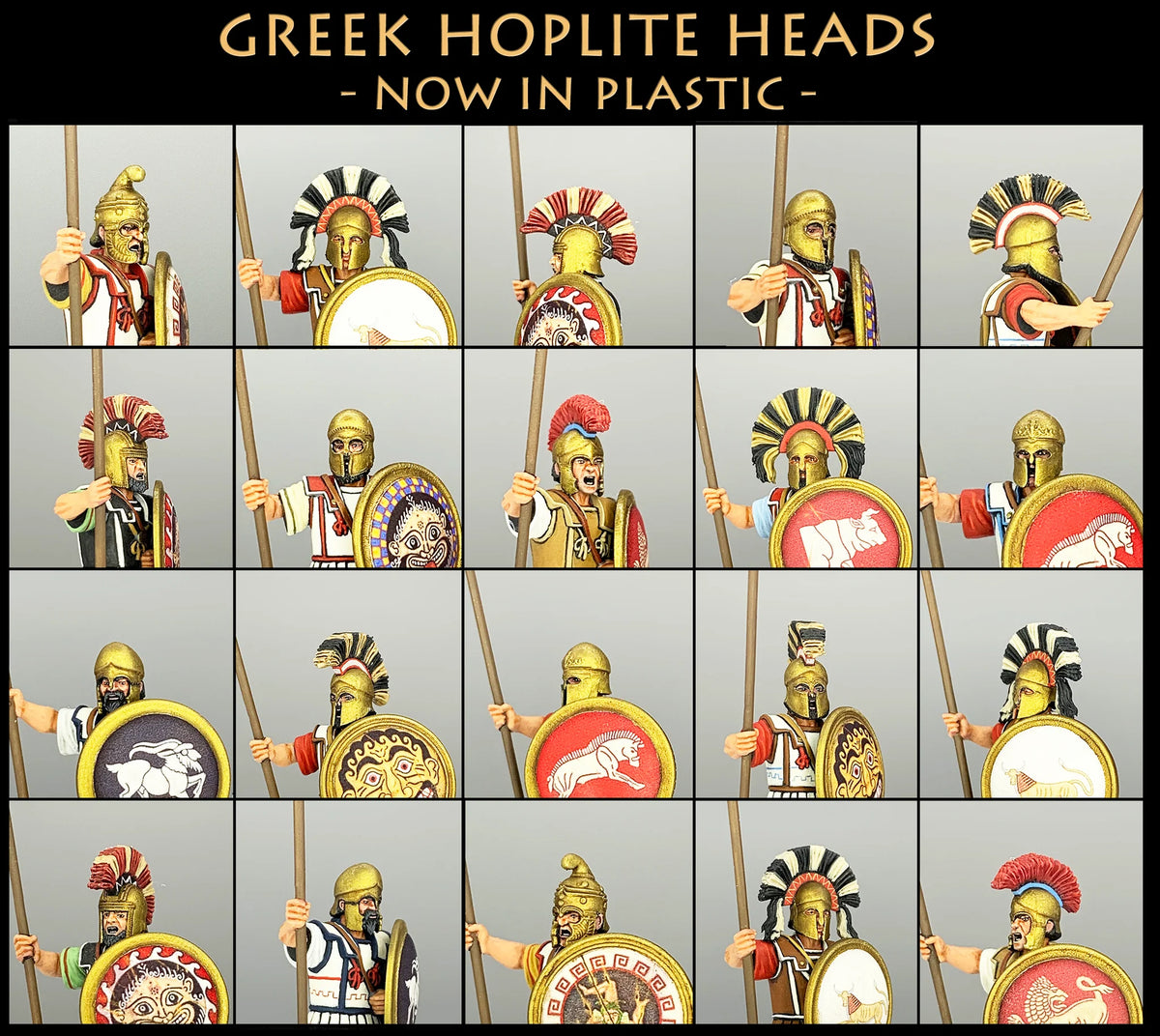 Montage grid of twenty painted Victrix 28mm Greek hoplite heads showing diverse helmet types and crests