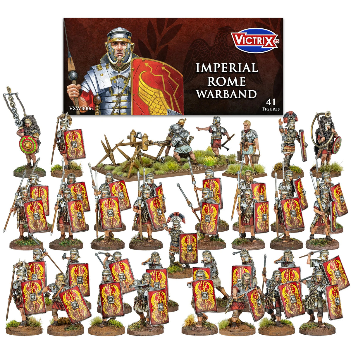 Painted set display of Victrix 28mm Imperial Roman legionaries command group and bolt shooter
