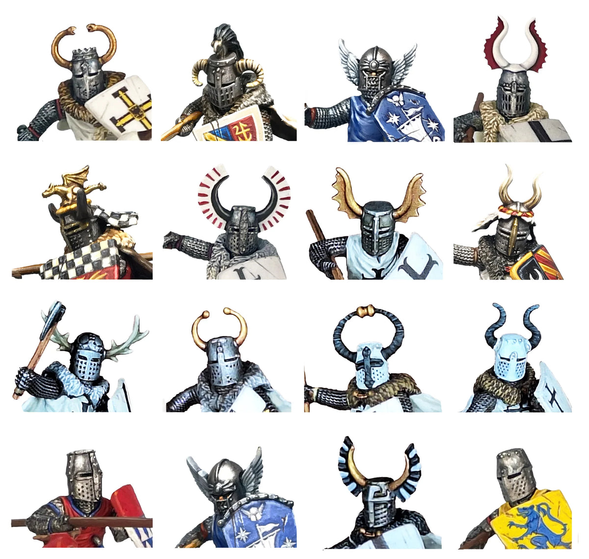 Painted montage of sixteen Victrix 28mm knight helmets featuring horns antlers wings and heraldry
