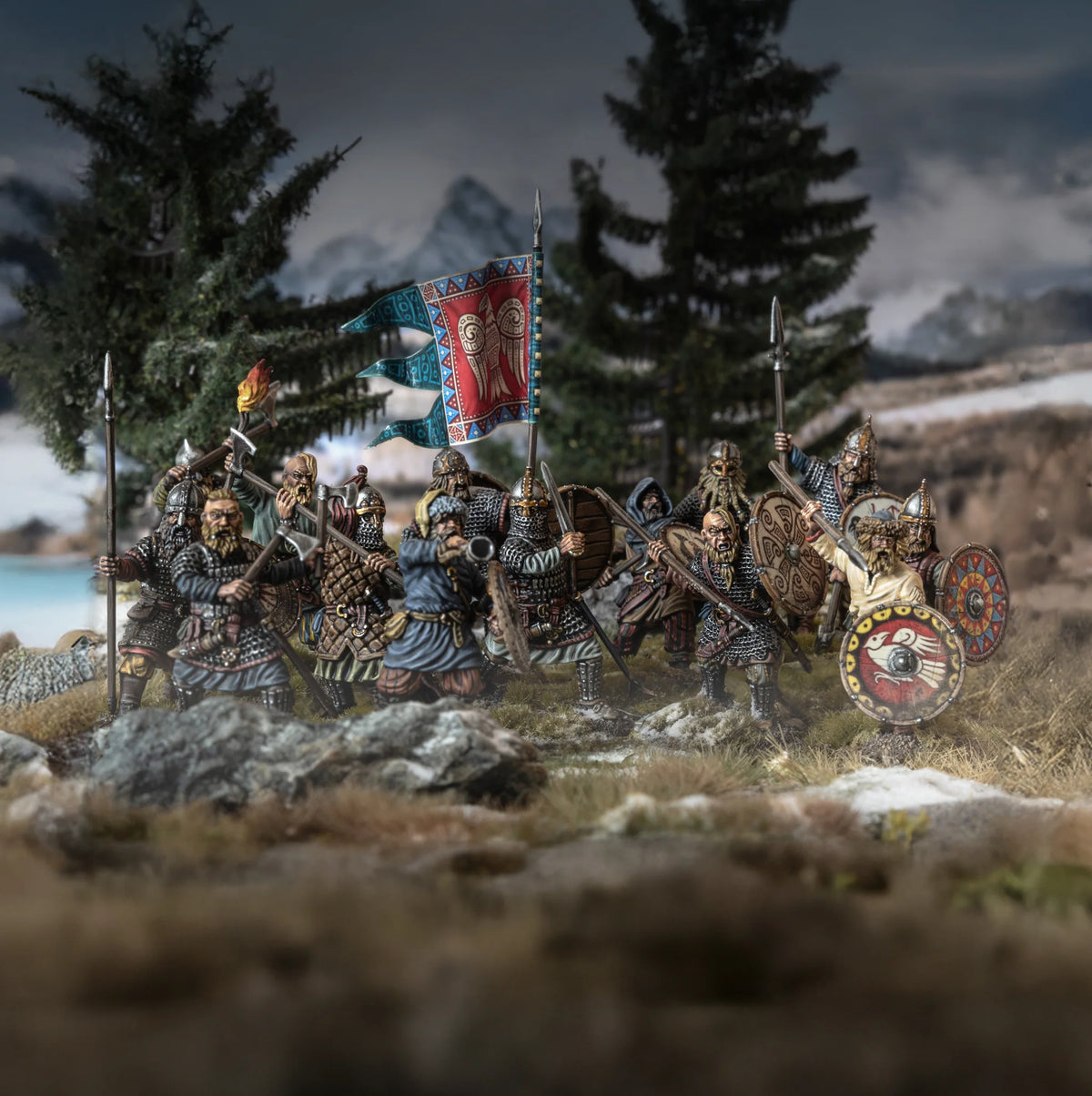 Painted Victrix 28mm Rus warriors forming a combat battle line in a pine forest landscape