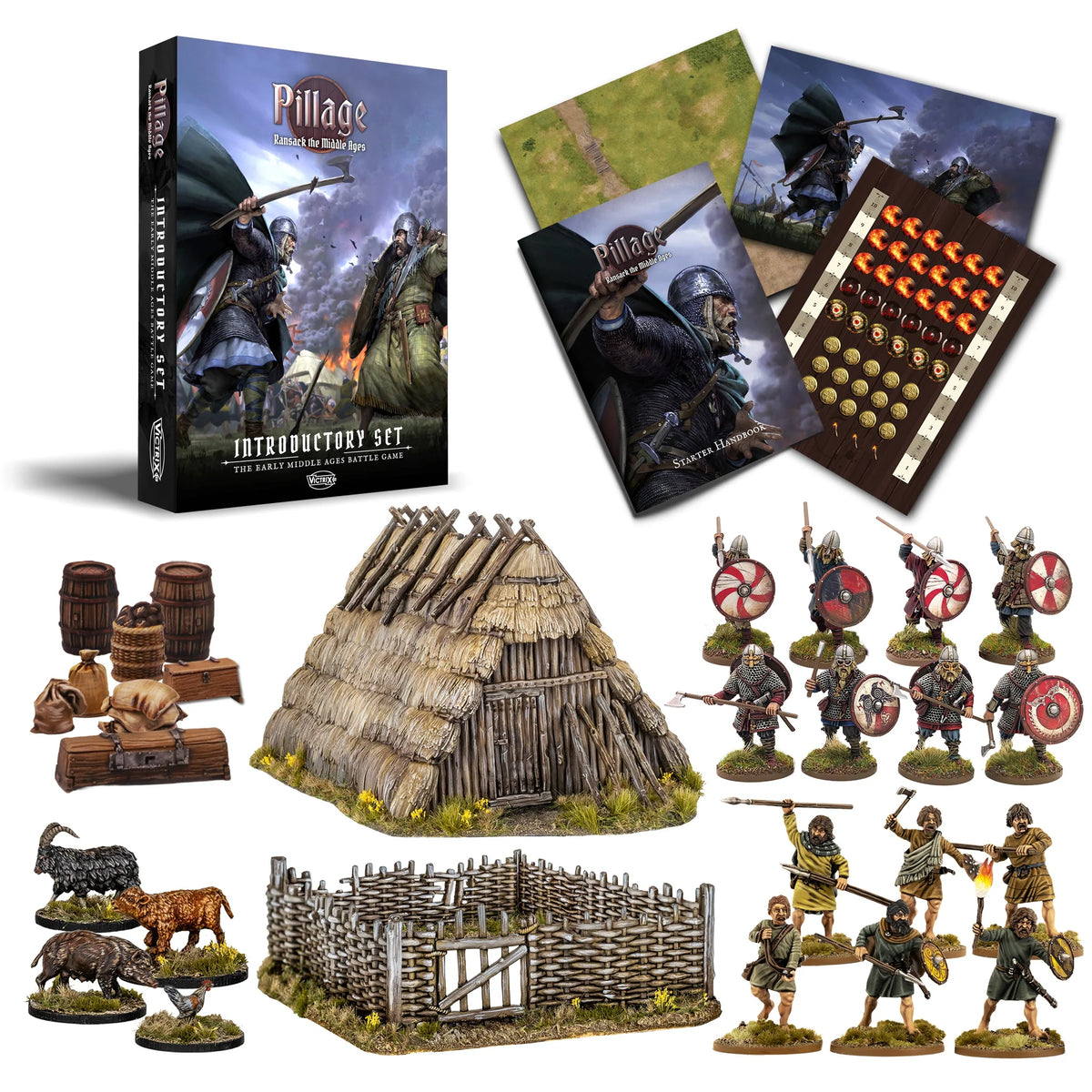Complete contents of the Victrix 28mm Pillage Introductory Set including figures terrain book mat and tokens
