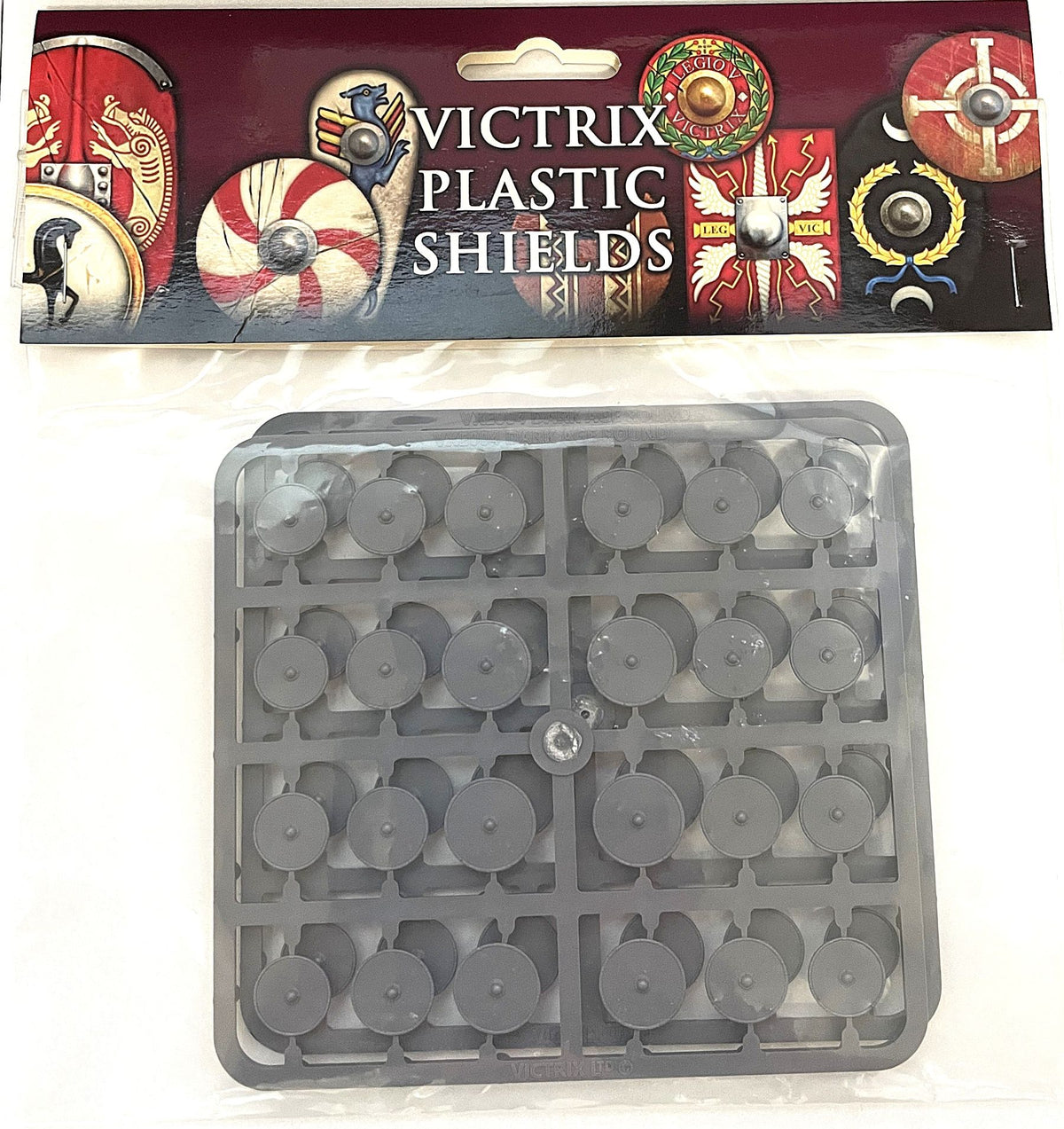 Victrix 28mm plastic shields retail header card packaging displaying shield sprues