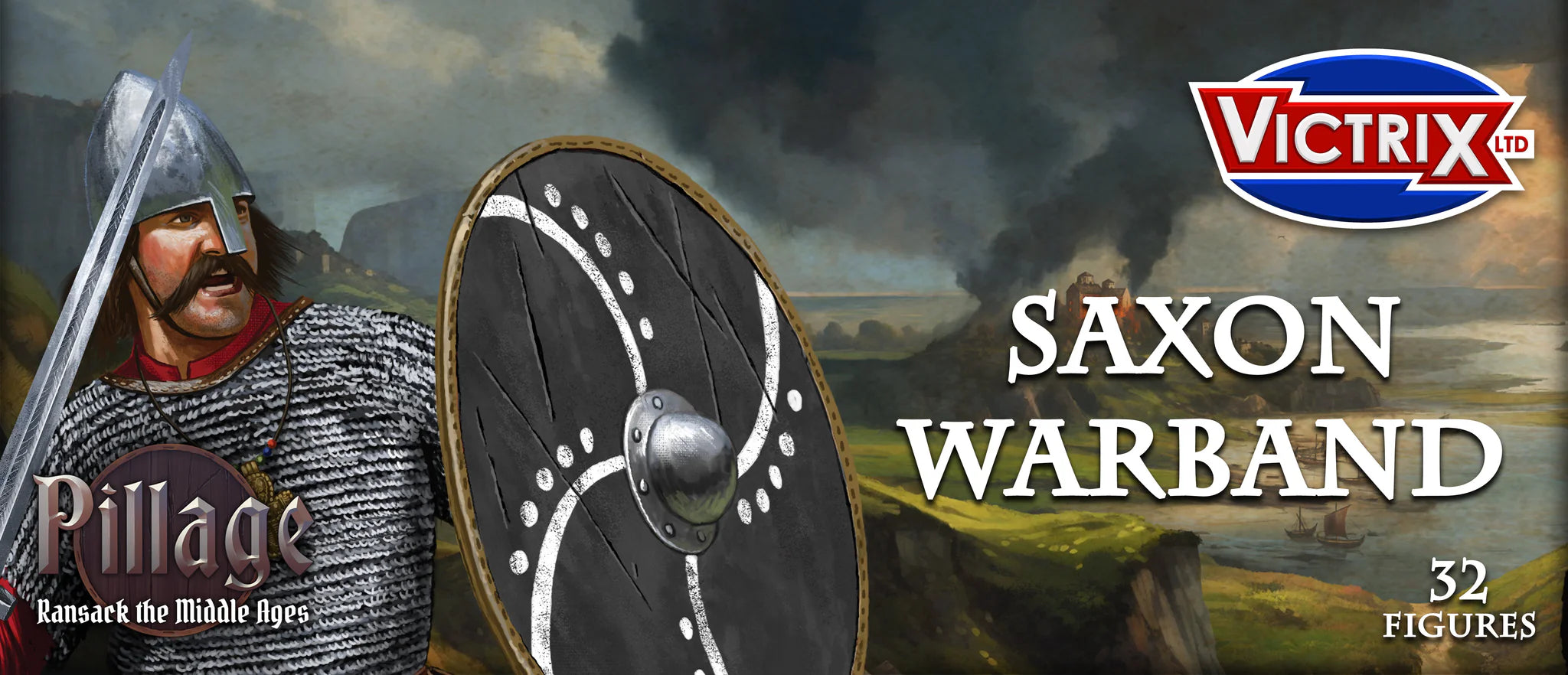 Victrix Limited 28mm Saxon Warband header card art showing Saxon warrior with round shield