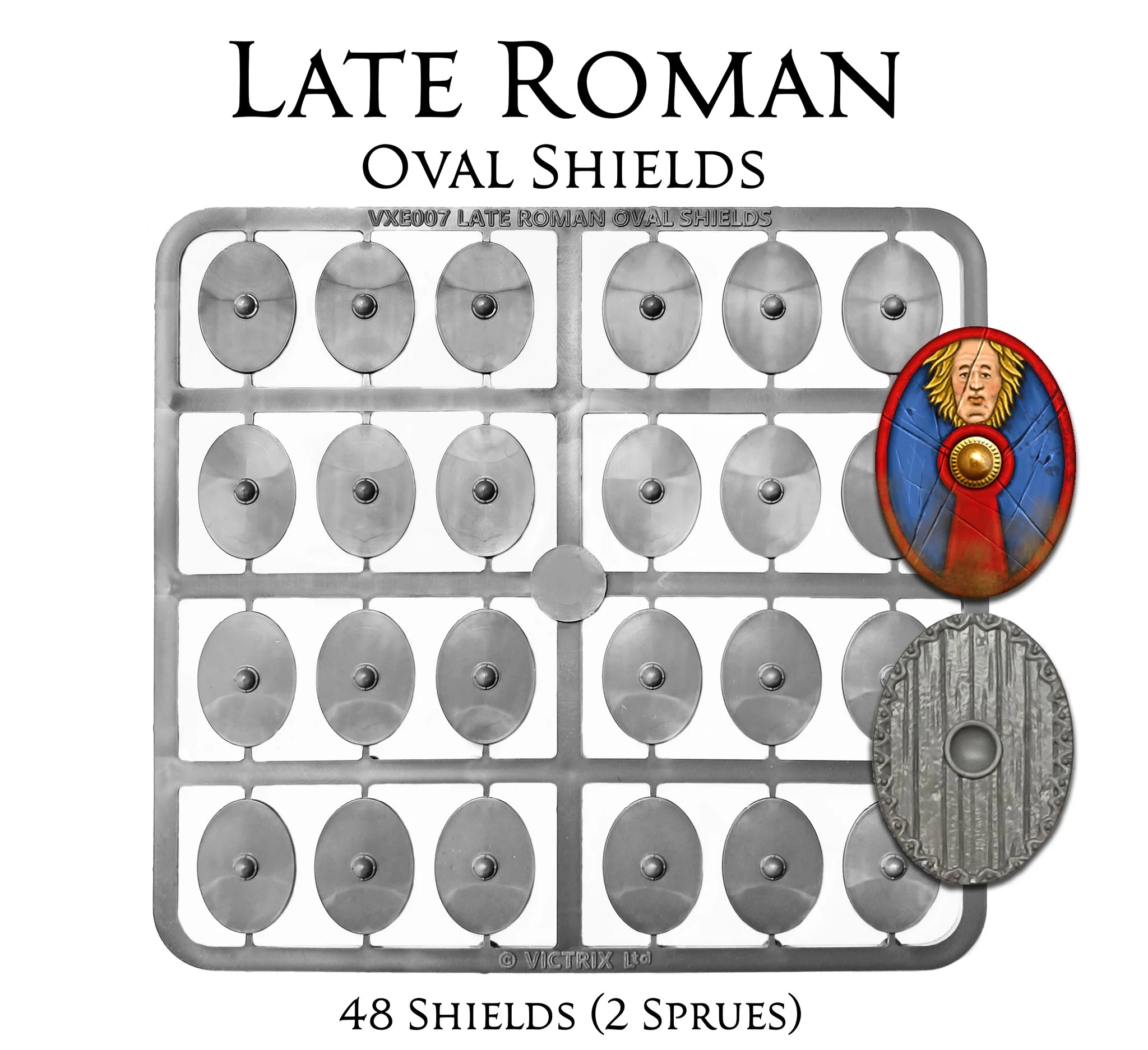 Victrix Limited 28mm Late Roman Oval Shields sprue layout showing painted and unpainted examples