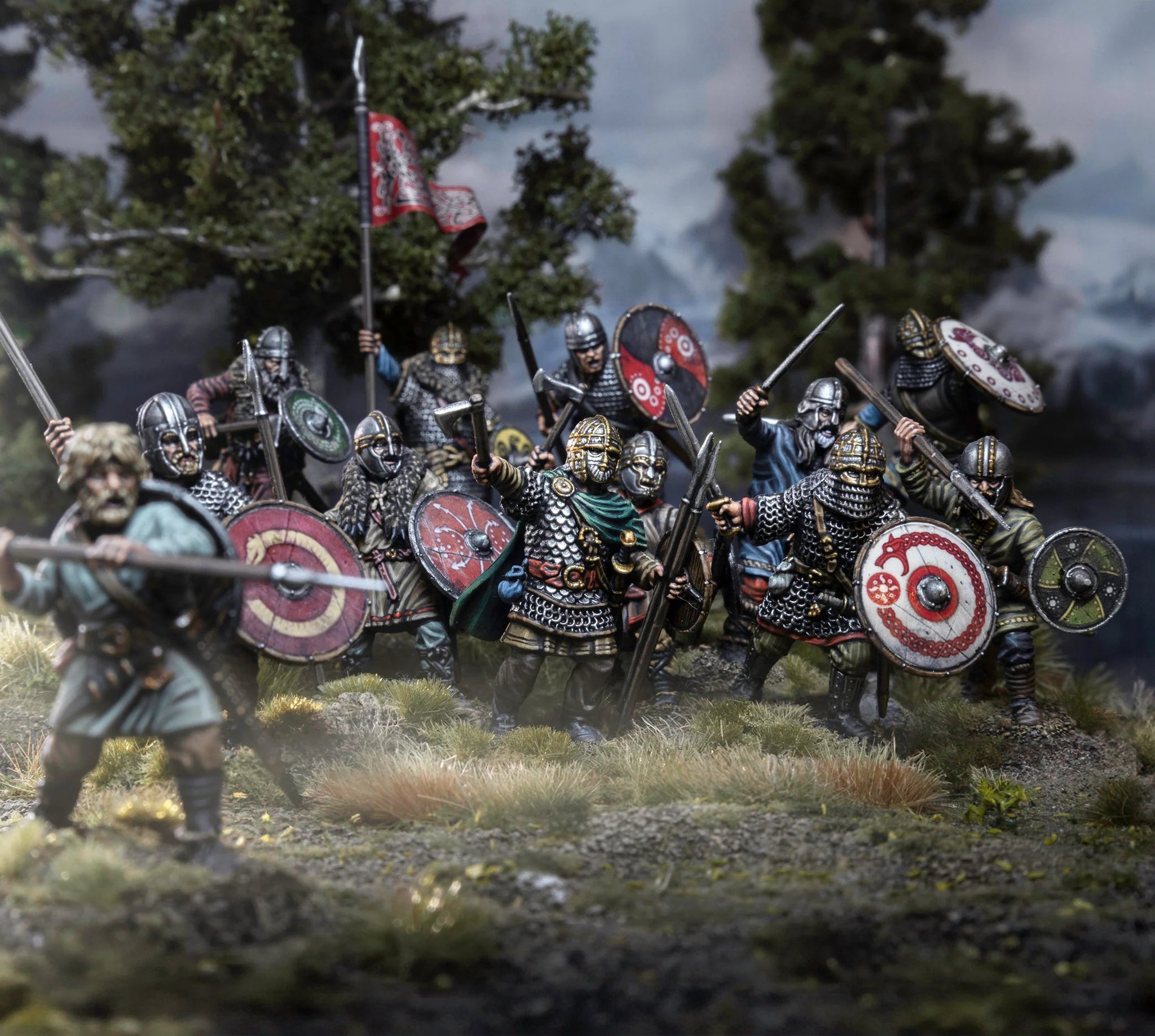 Painted unit of Victrix Ltd 28mm Early Saxon warriors in a forest skirmish diorama