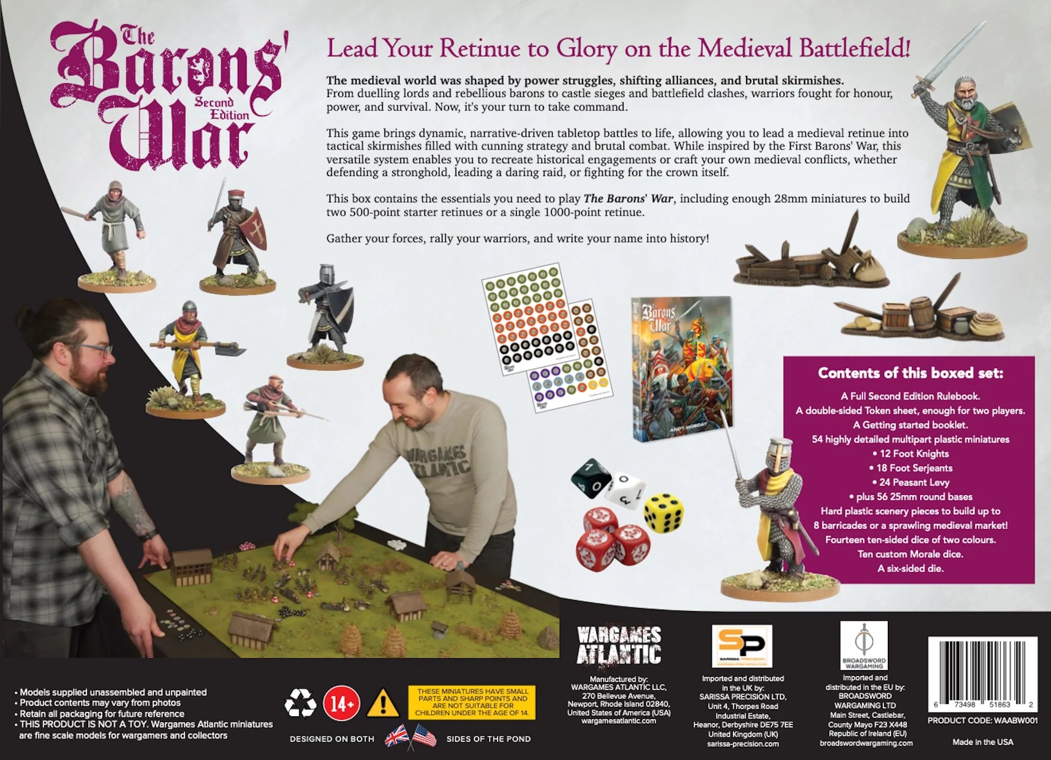 Contents of The Barons' War 2nd Edition including miniatures, book, and dice.