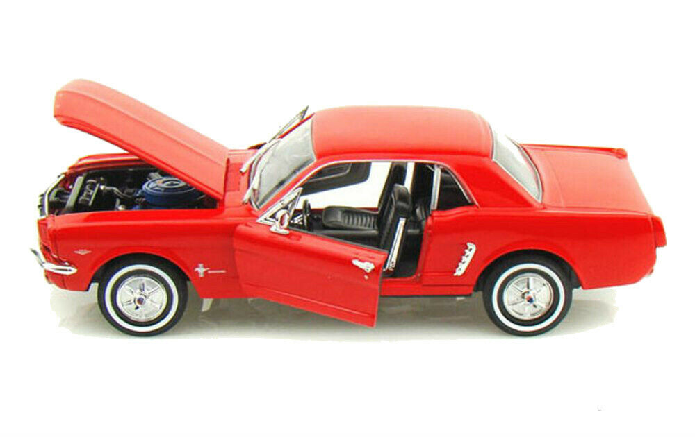 Welly 1/24 scale red 1964 1/2 Ford Mustang diecast car shown with open hood and open side doors