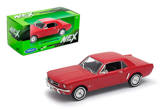 Welly 1/24 scale red 1964 1/2 Ford Mustang coupe diecast model positioned beside its green NEX Models display window box