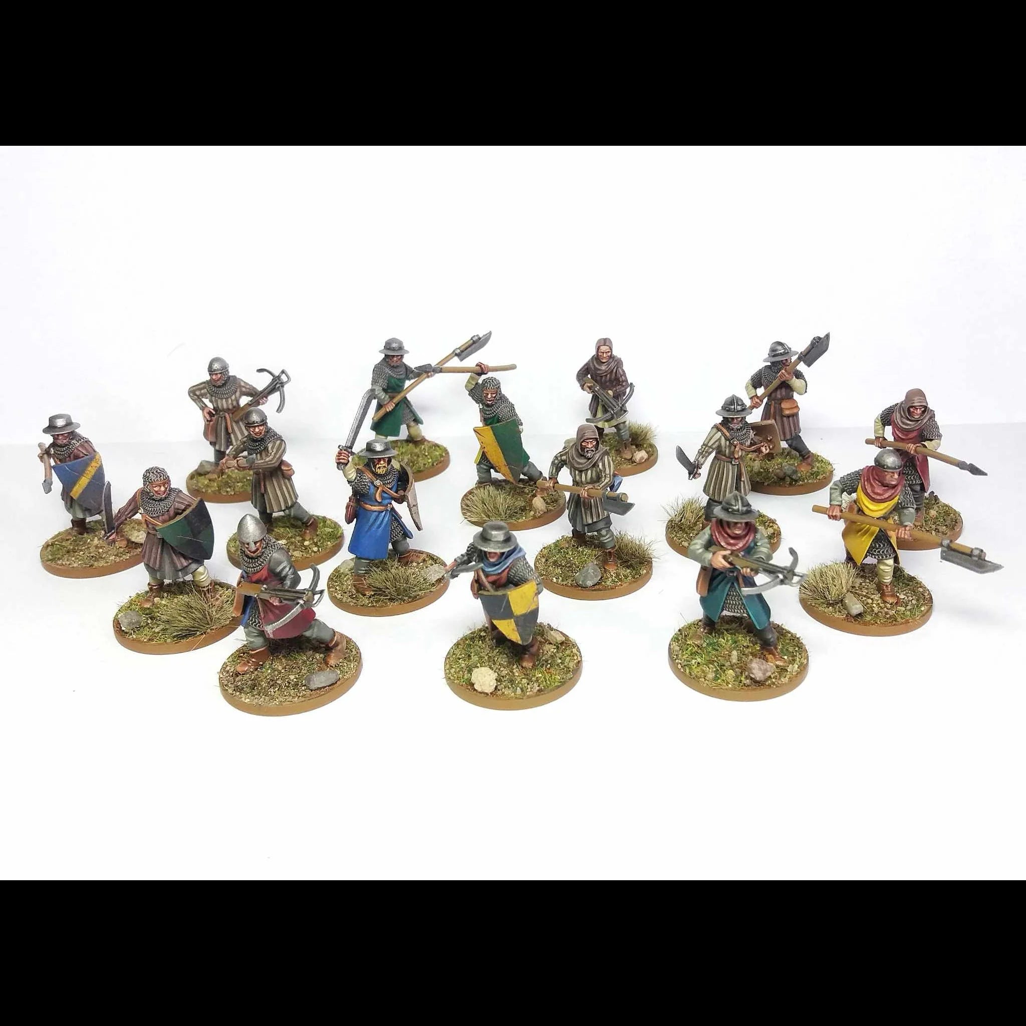 A unit of painted Wargames Atlantic 28mm Foot Serjeants with spears and shields.