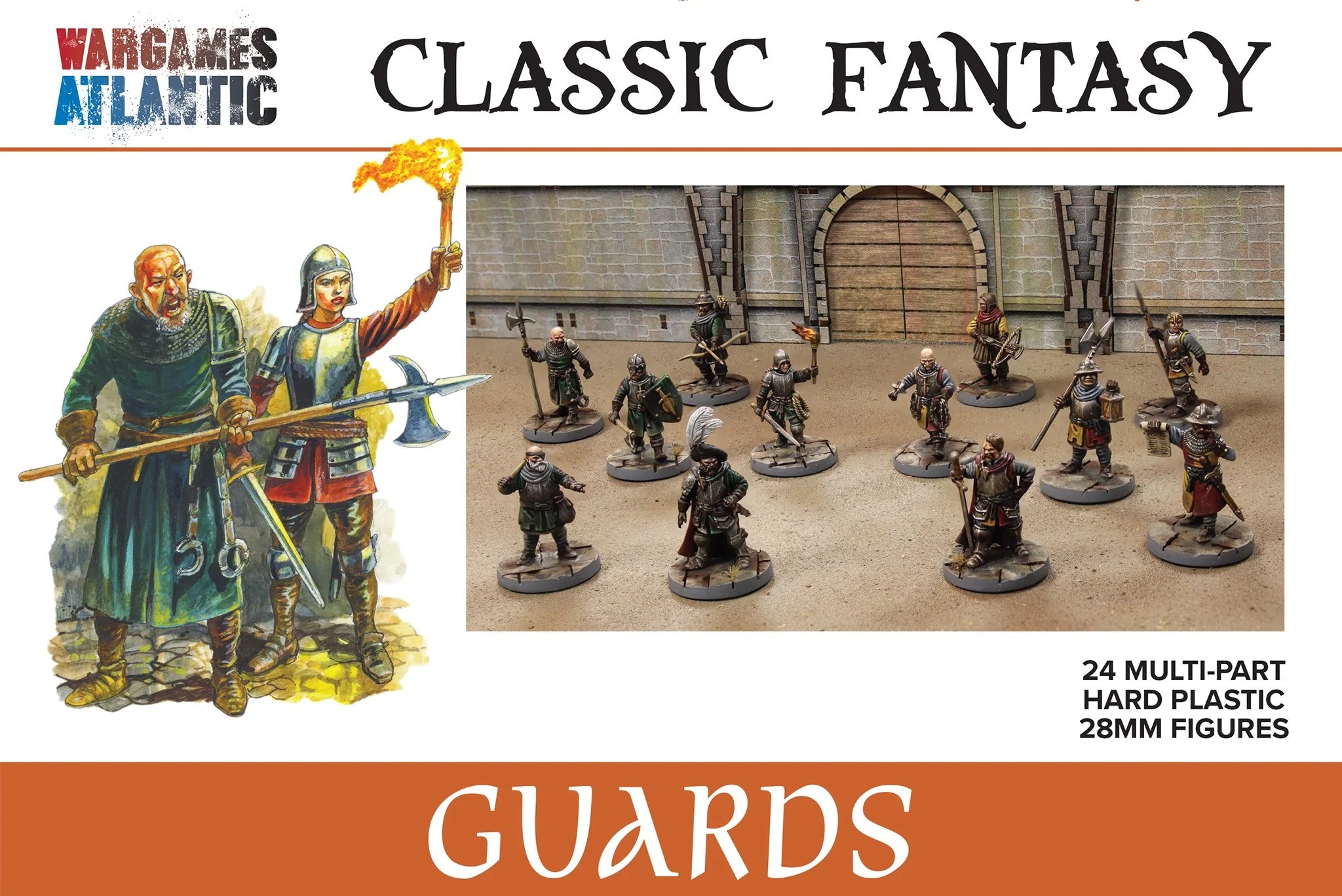 WGA_Classic_Fantasy_Guards_Box Wargames Atlantic Classic Fantasy Guards 28mm plastic figure box art.