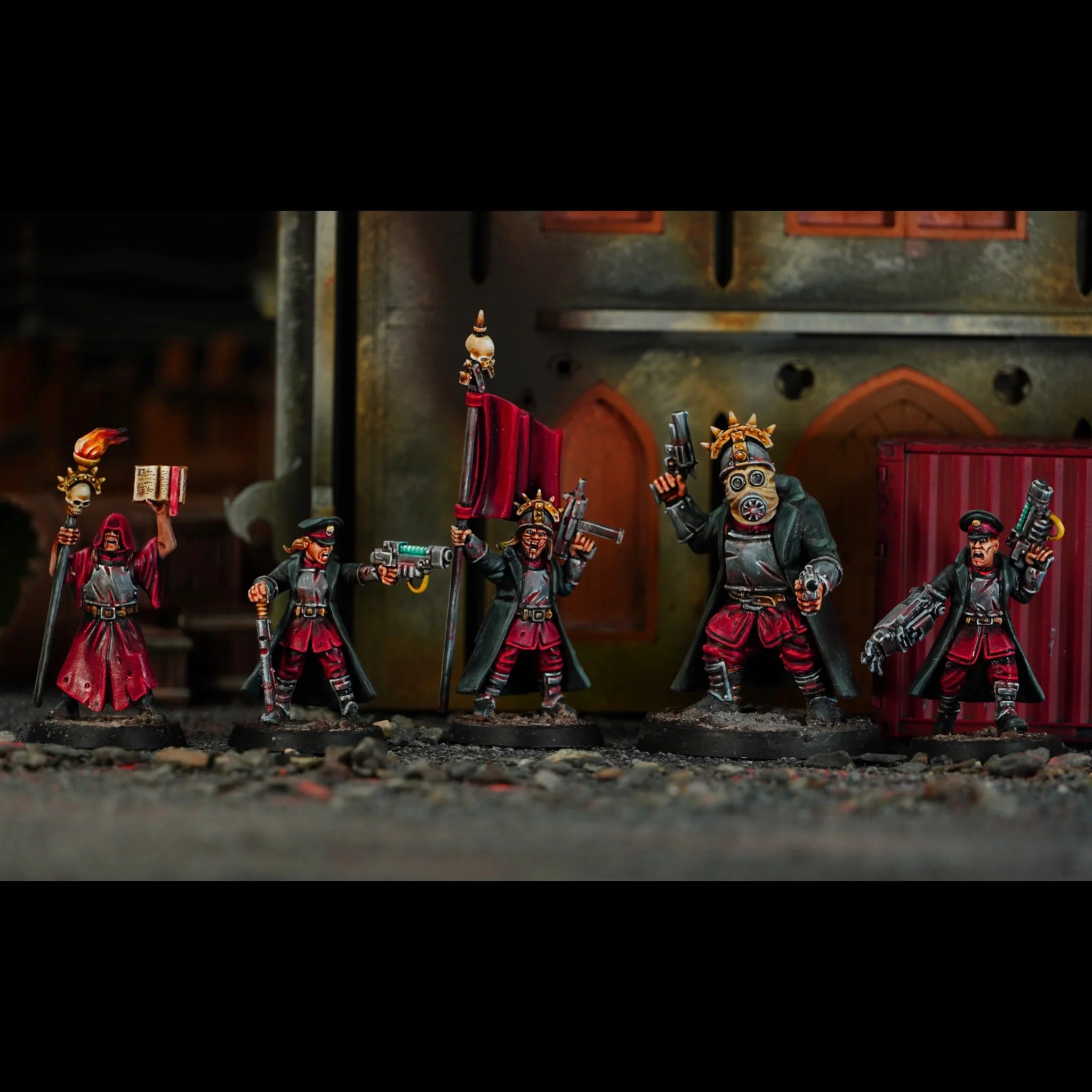 Painted Damned Command Team models including an officer, standard bearer, and cultist priest