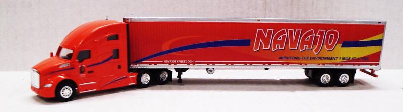 Kenworth T680 Sleeper Cab (Orange) W/ 53’ Reefer Van, Navajo Express Livery, 1:87 (HO) Scale Model By Trucks N Stuff