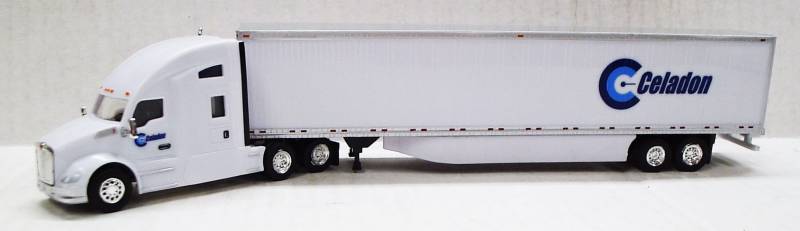 Kenworth T680 Sleeper Cab (White) W/ 53’ Dry Van, Celadon Trucking Livery, 1:87 (HO) Scale Model By Trucks N Stuff