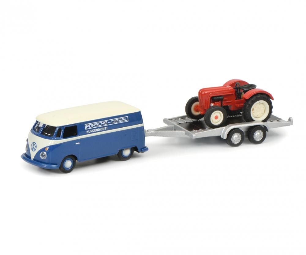 Volkswagen Type 2 T1 Panel Bus with Porsche Diesel Junior Tractor, 1:87 Scale Diecast Model