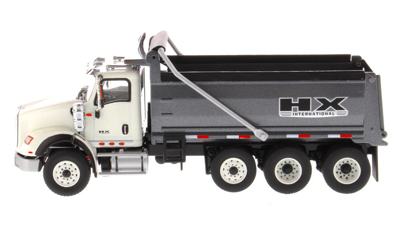 International HX620 Tri-Axle Tractor (White) W/ Dump Truck (Gun Metal Gray), 1:50 Scale Model
