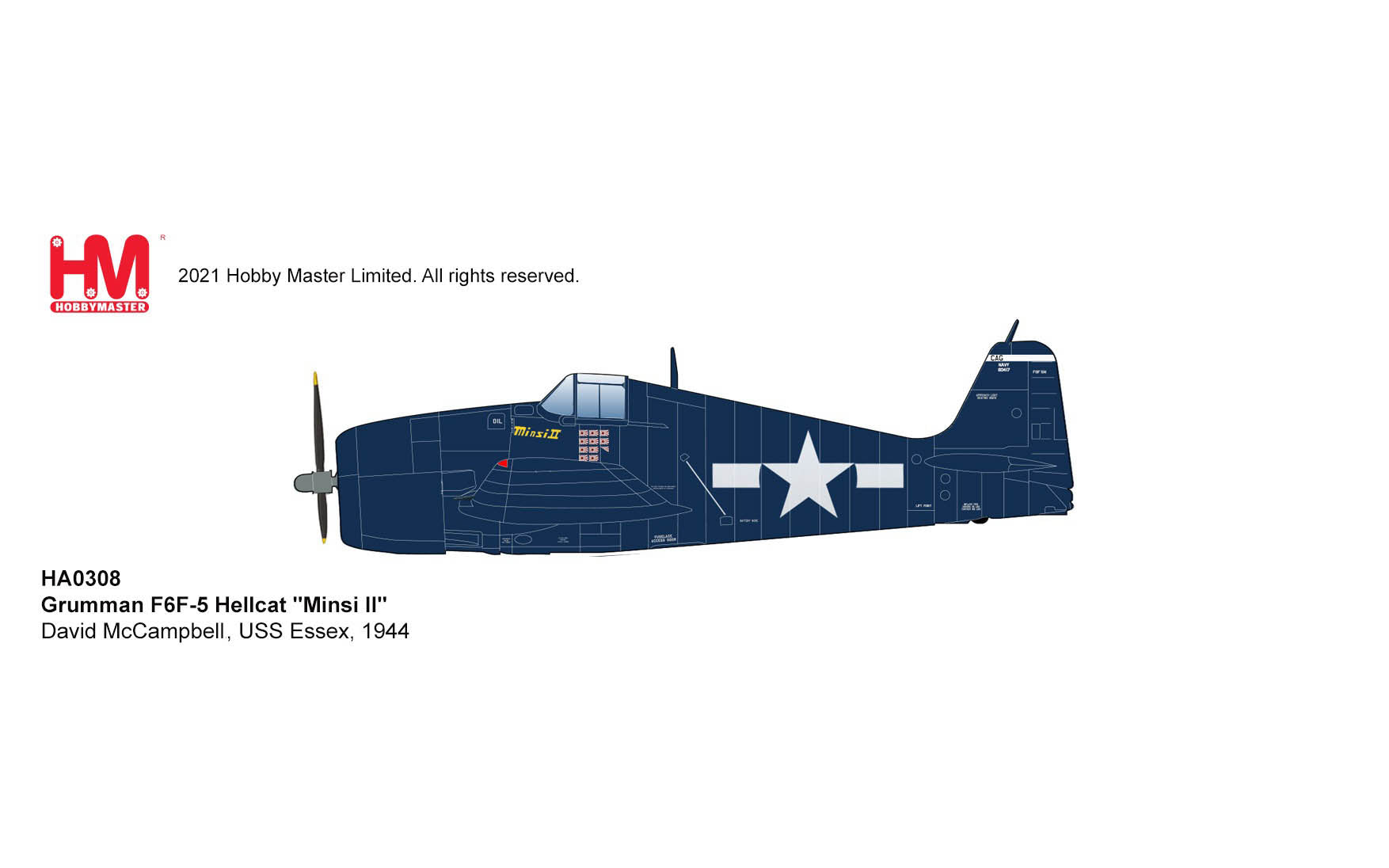 Grumman F6F-5 Hellcat “Minsi II” USS Essex 1944, 1/32 Scale Diecast Model Illustration