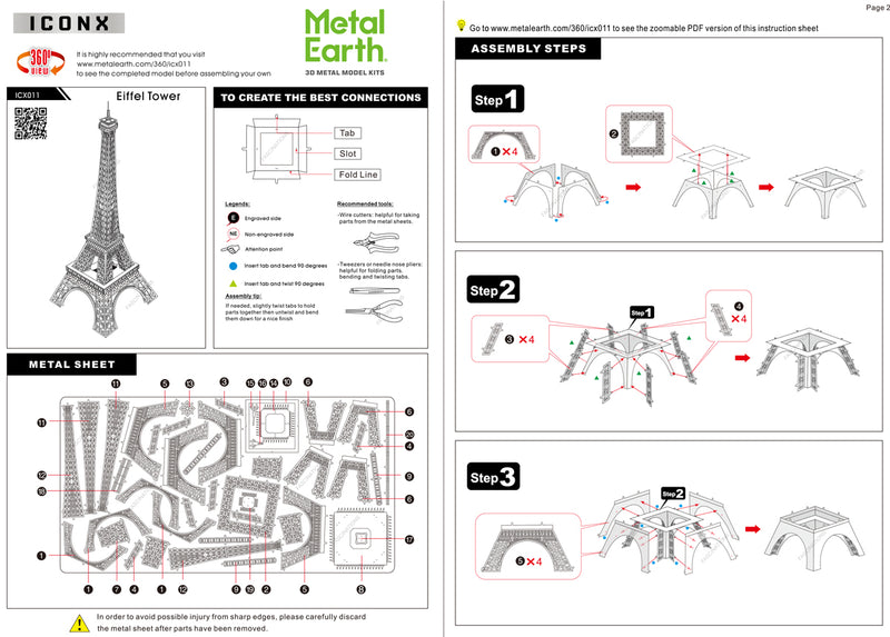 Eiffel Tower Metal Earth Iconx Model Kit Instructions Page 1