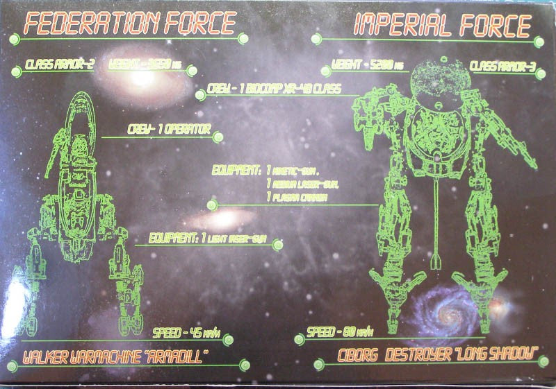 Space Battles Walker Warmachine “Armadill” & Destroyer Cyborg “Long Shadow” W/ 17 Figures 1/72 Scale Kit by Orion Back Of Box