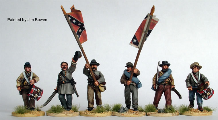 American Civil War Confederate Infantry Command Advancing, 28 mm Scale Model Metal Figures