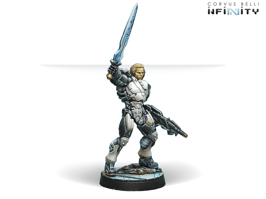 Infinity ALEPH Achilles v2 (Hoplite Armor) (Multi Rifle, CCW) Miniature Game Figure Side View