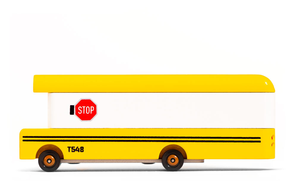 Candylab Toys School Bus Wooden Vehicle – Side View with Stop Sign Graphic