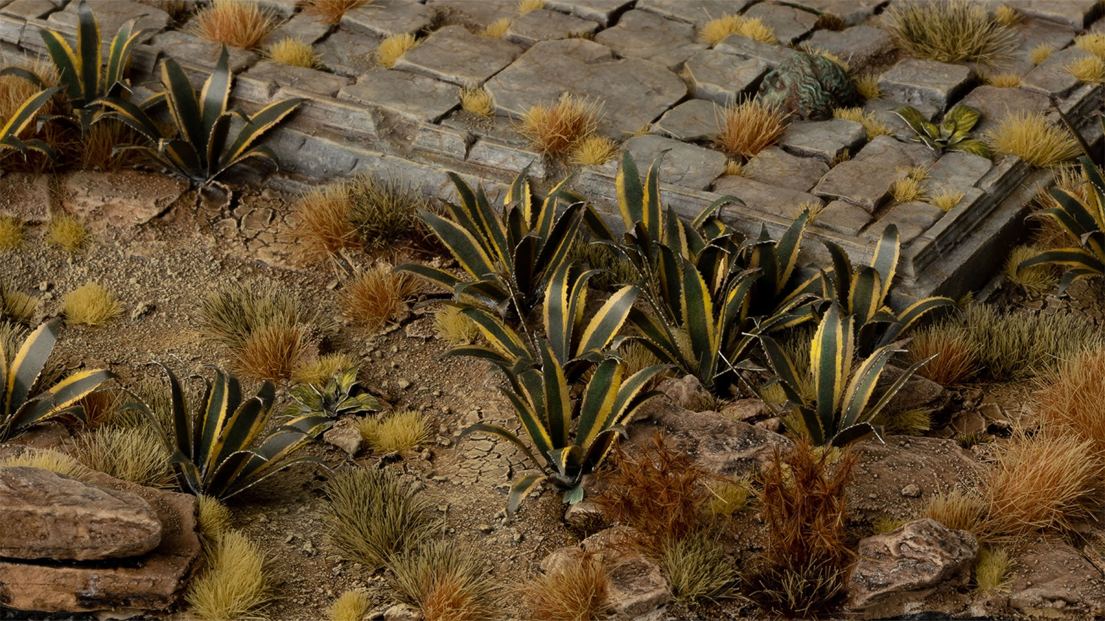 Professional arid diorama featuring GamersGrass Agave plants used to create a realistic semi-desertic scenario.