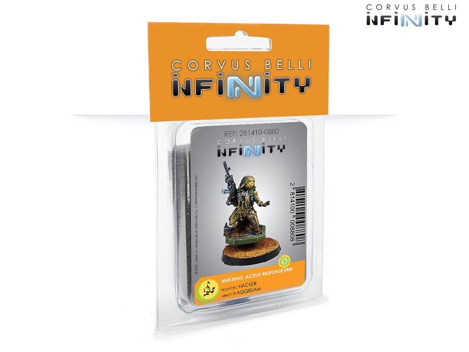 Infinity Haqqislam Mukthar, Active Response Unit (Hacker) Miniature Game Figure Blister Package