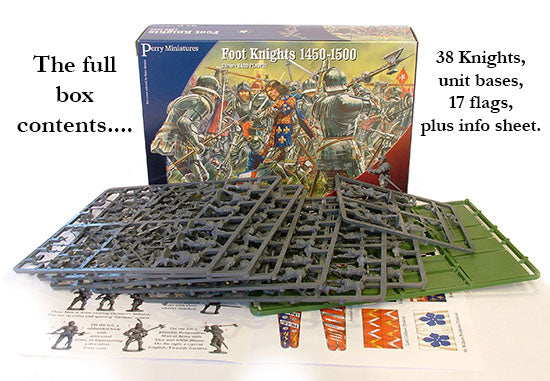 Full box contents of 38 plastic Foot Knights with 17 flags and bases by Perry Miniatures