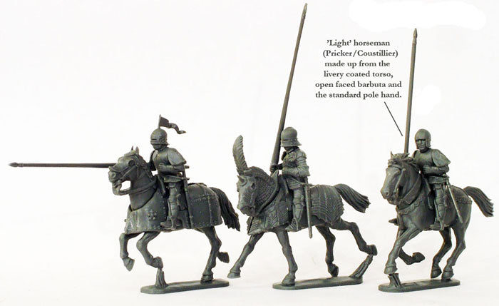 Unpainted 28mm plastic Mounted Men at Arms including Pricker and Coustillier builds
