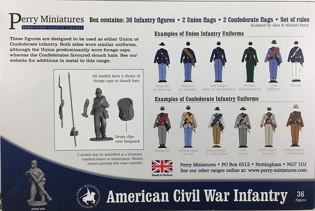 Perry Miniatures American Civil War Infantry 1861-1865 28mm plastic model kit back of box