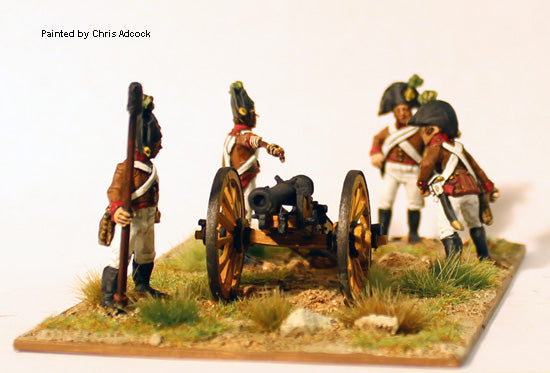 Painted 28mm Perry Miniatures Austrian Napoleonic artillery crew with 6-pounder field gun on scenic base