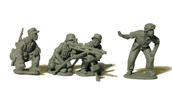 Unpainted 28mm Perry Miniatures German MG34 and four crew metal figures