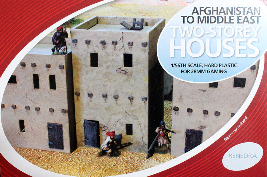 Front retail box art for the Renedra Afghanistan to Middle East Two Story Houses 28mm scale hard plastic scenery kit.