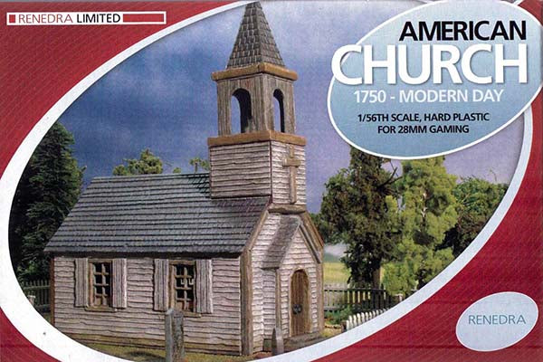Front box art for the Renedra American Church 1750 to Modern Day 1/56 scale hard plastic scenery model kit.