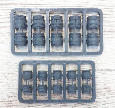 Two unassembled gray hard plastic sprue frames from the Renedra Barrels Mixed Size kit showing five large barrel pairs and five small barrel pairs.
