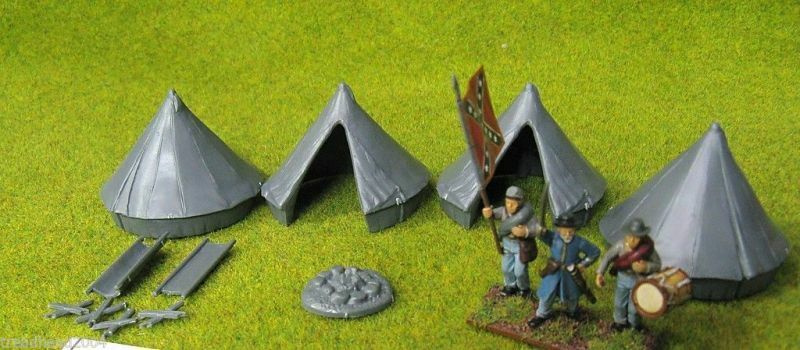 Four assembled and painted 28mm scale Renedra Bell Tents positioned alongside a campfire and American Civil War miniatures on a grass gaming mat
