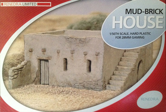 Fully assembled 28mm scale Mud Brick House showing exterior stairs and detailed stone texture for historical wargaming.