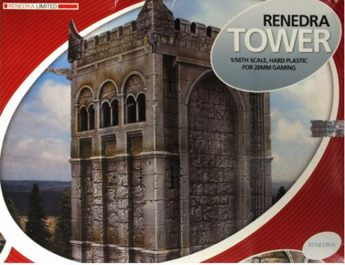 Front view of the Renedra Tower 28mm scale hard plastic scenery kit retail box packaging showing the stone tower illustration.