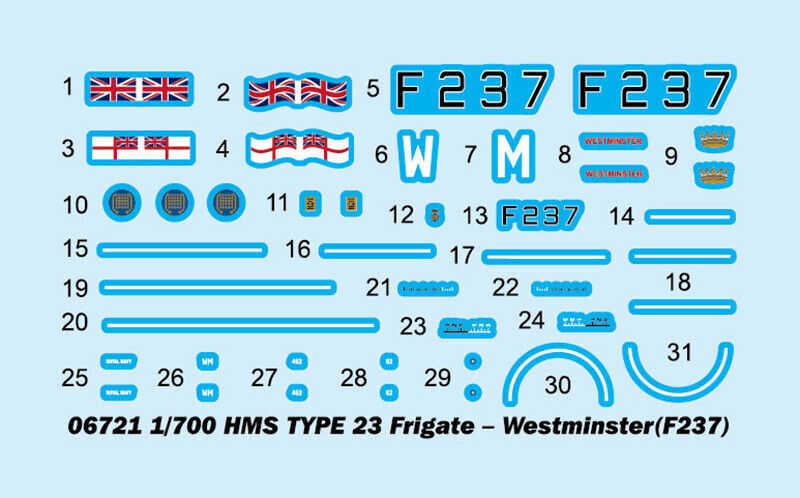 HMS Westminster F237 Type 23 Frigate, 1:700 Scale Model Kit Decals
