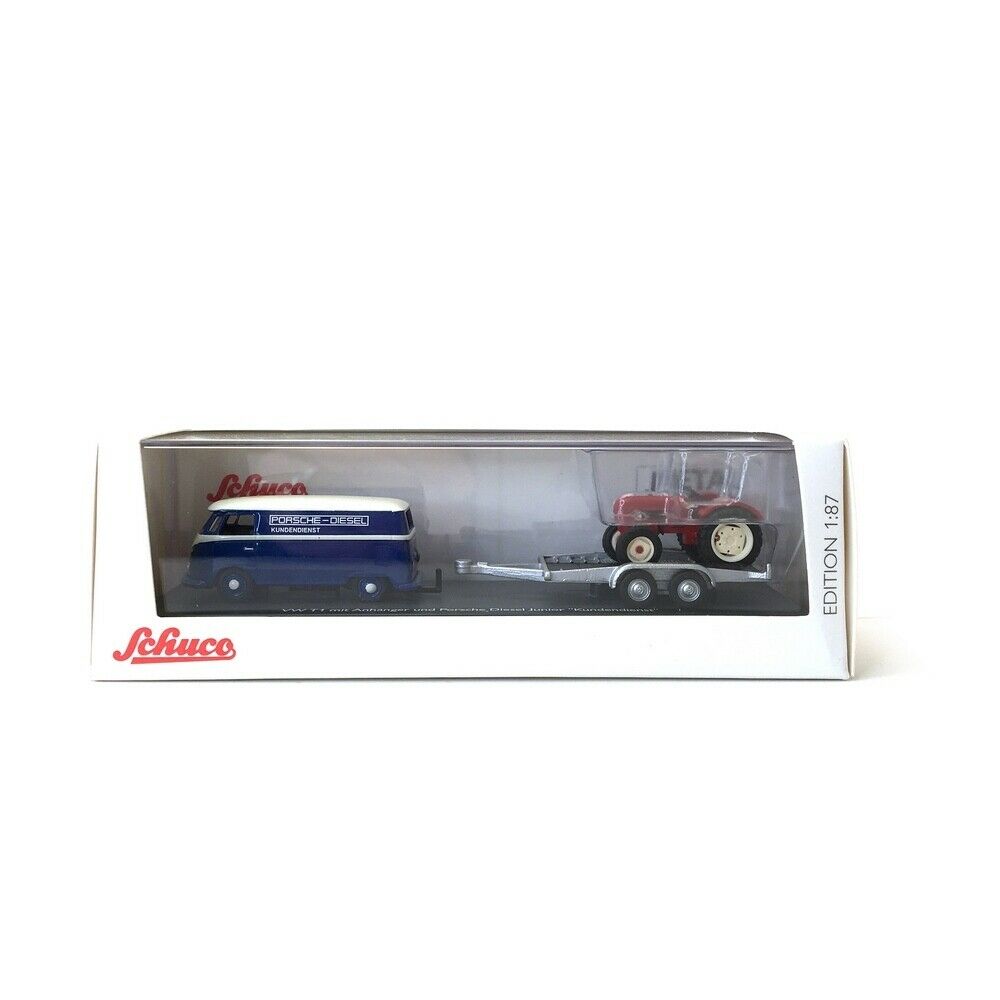 Volkswagen Type 2 T1 Panel Bus with Porsche Diesel Junior Tractor, 1:87 Scale Diecast Model