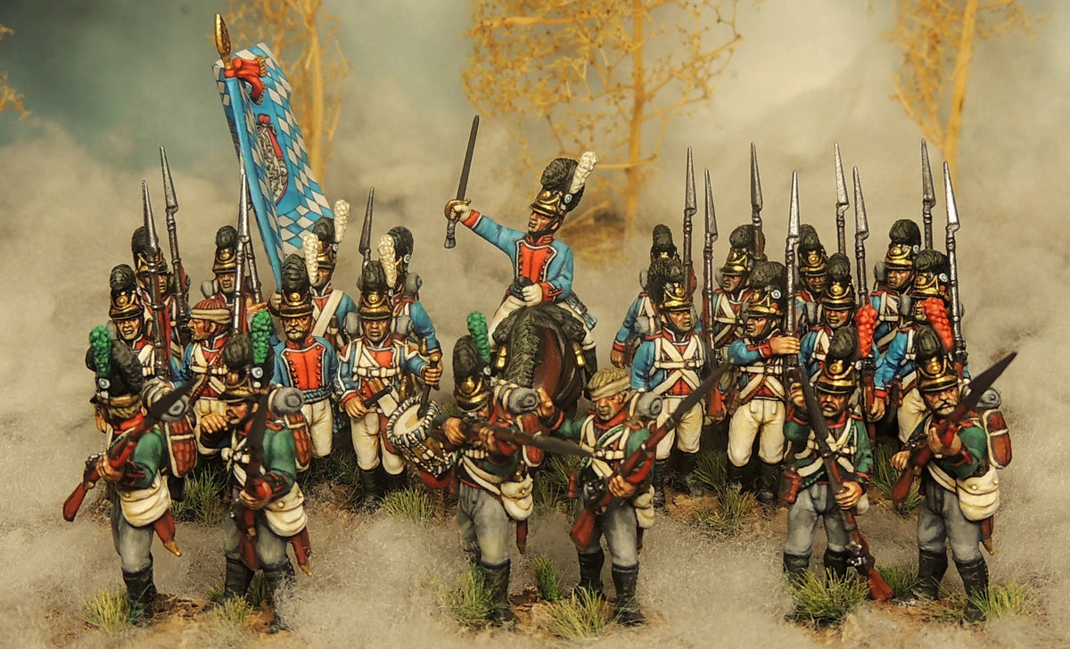 Full painted battalion of Victrix 28mm Bavarian Line Infantry deployed on a scenic wargaming table