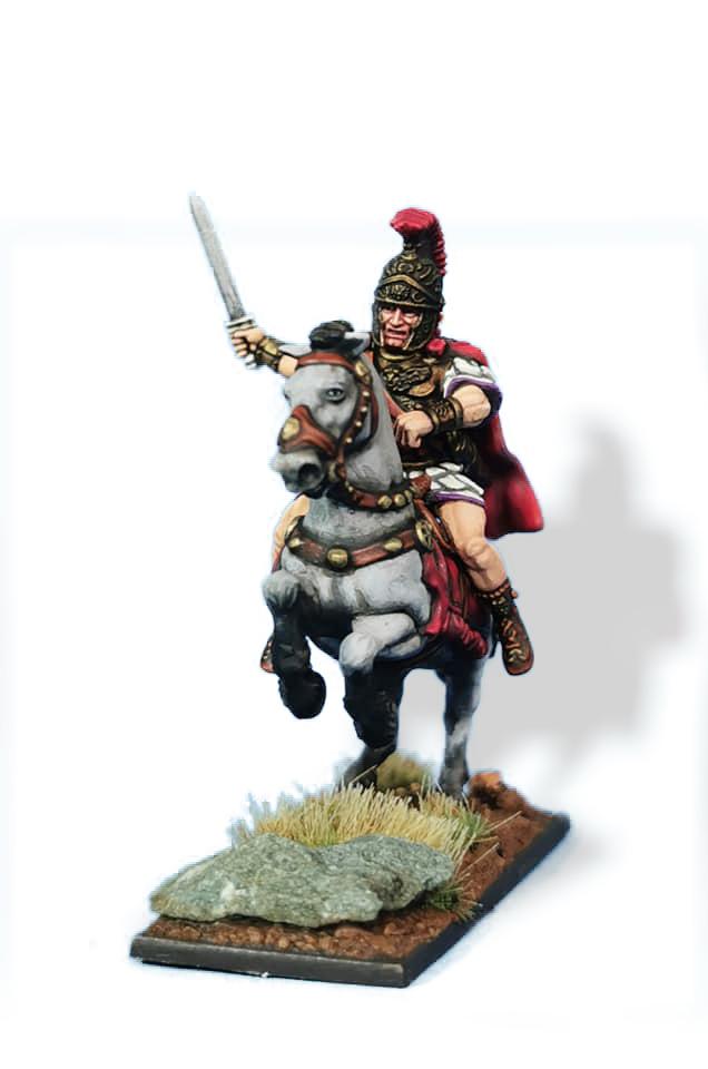 Front view of a painted Victrix 28mm Roman General on a rearing gray horse with raised sword