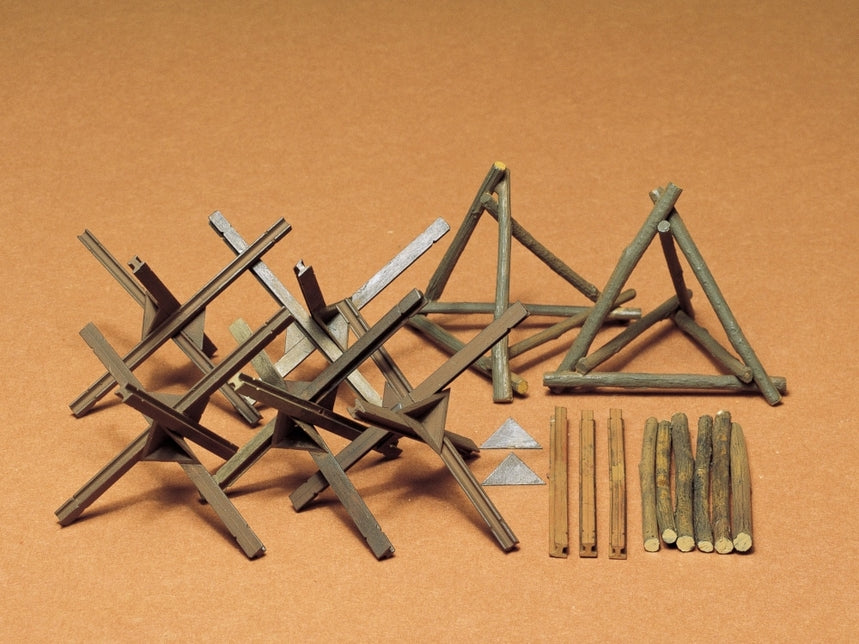 Close up of assembled 1/35 scale anti-tank hedgehogs for military diorama