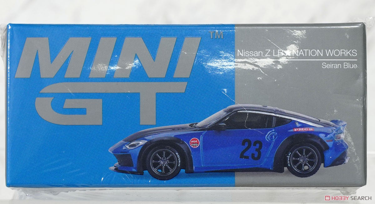 Nissan Z LB Nation Works (Serian Blue) 1:64 Scale Diecast Car Box Close Up