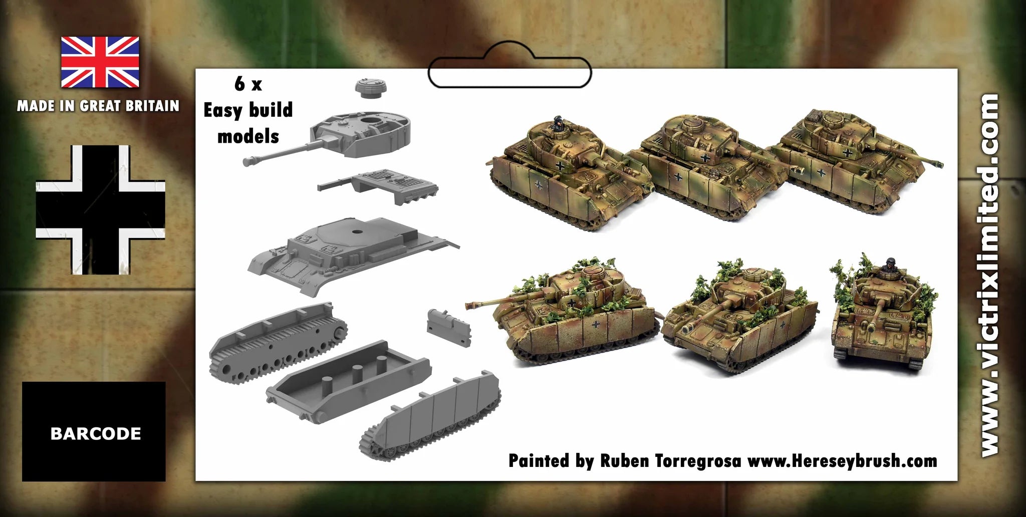 Back of Victrix 12mm Panzer IV packaging showing easy-build assembly guide and painted variants